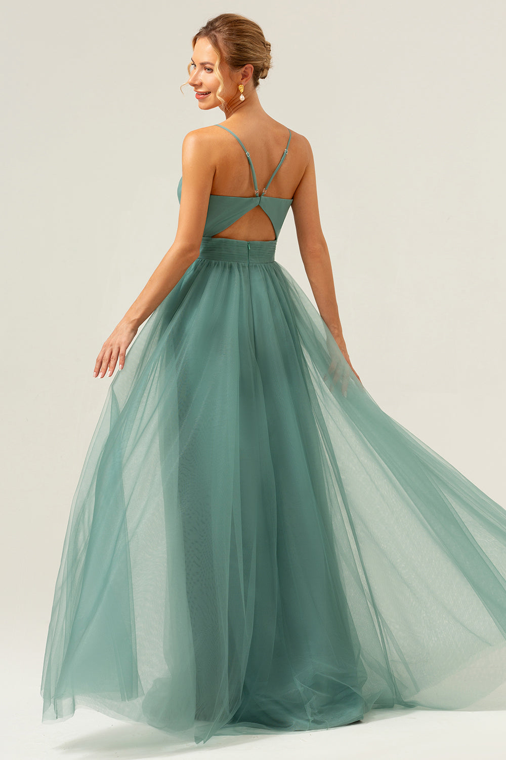 Eucalyptus Spaghetti Straps A-Line Tulle Bridesmaid Dress