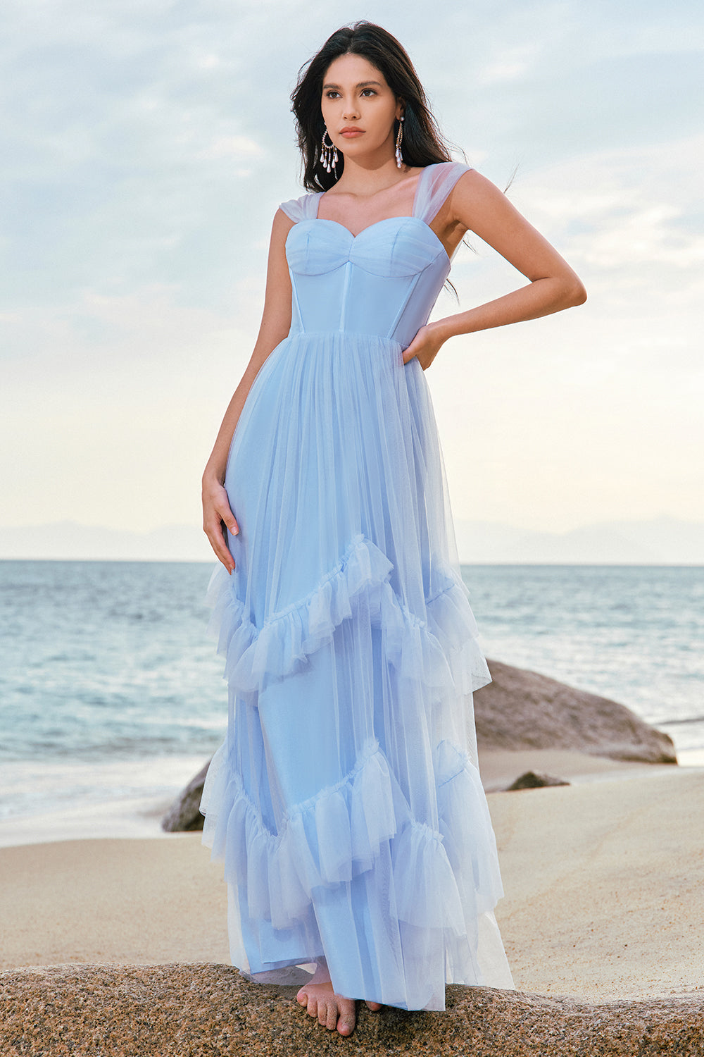 Blue Tulle Corset Bridesmaid Dress with Ruffles