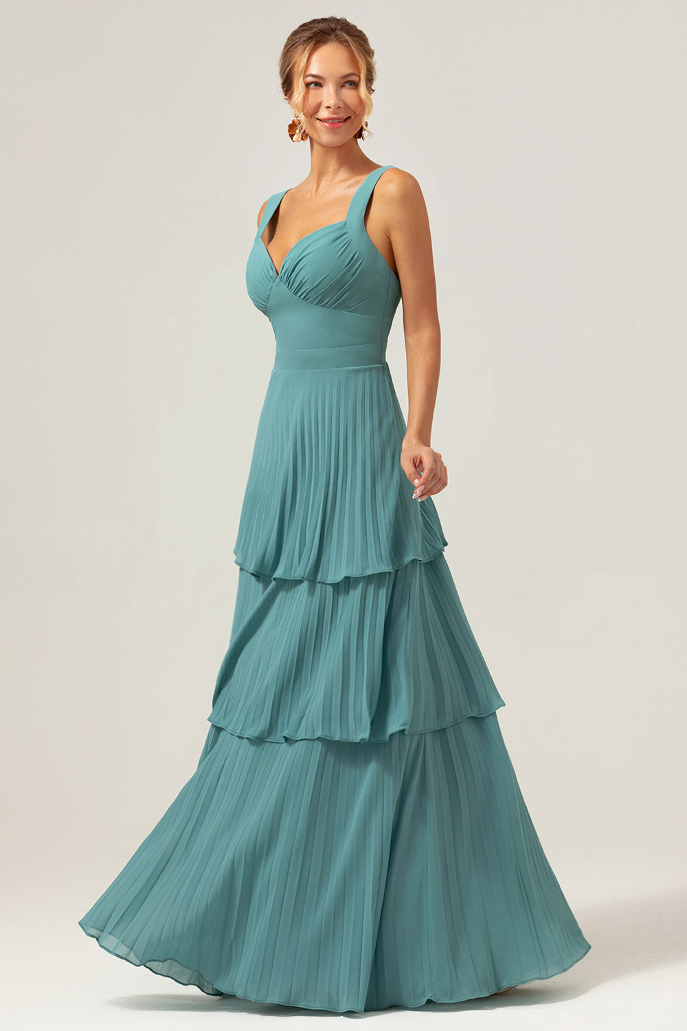 Eucalyptus A-Line Spaghetti Straps Chiffon Pleated Tiered Bridesmaid Dress