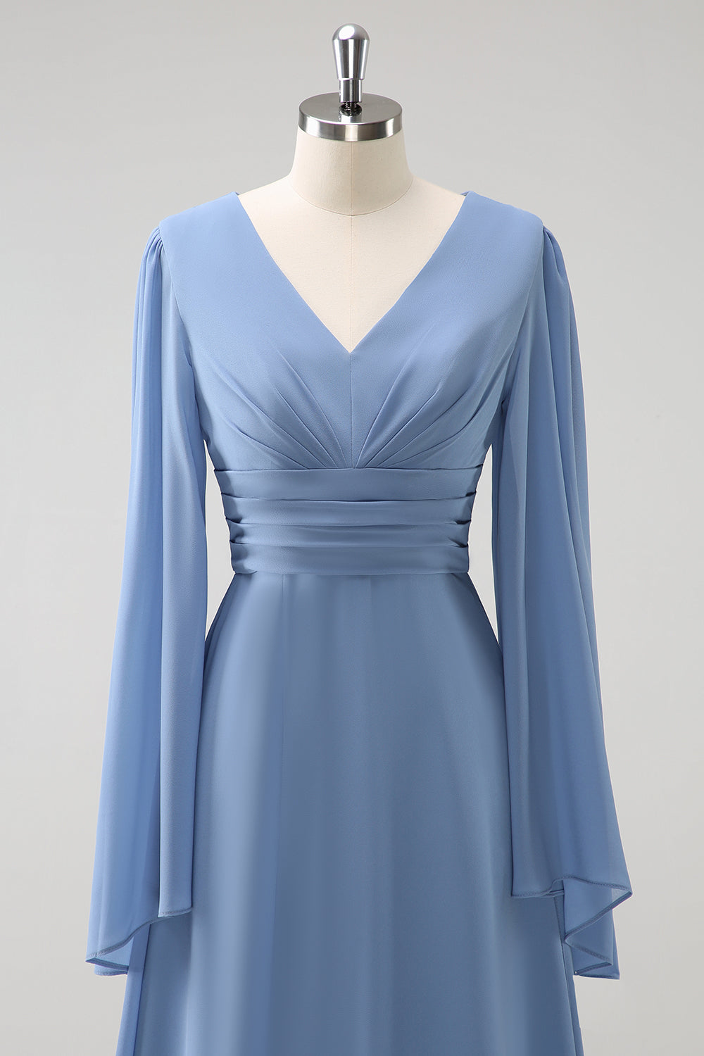 Grey Blue A Line Long Sleeves Chiffon Bridesmaid Dress with Slit