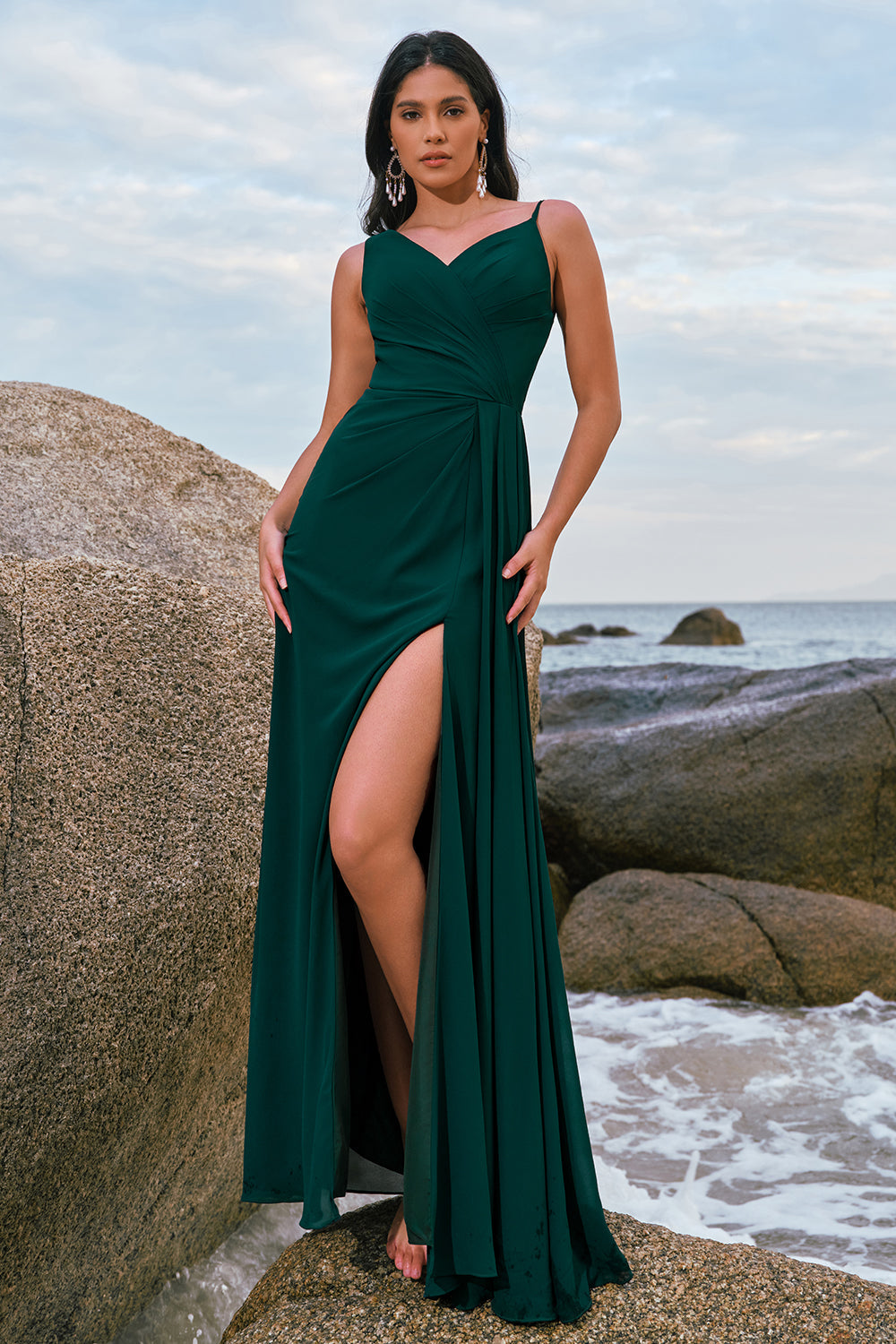 Dark Green A Line Spaghetti Straps Ruched Long Bridesmaid Dress with Slit