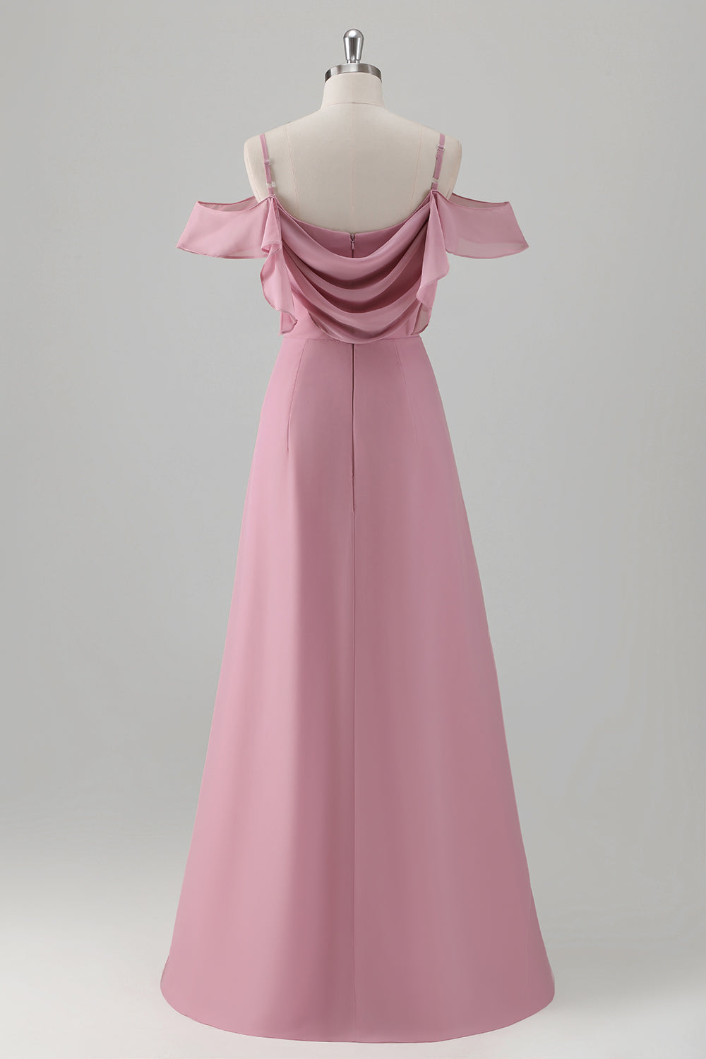 Pink A-line Cold Shoulder Chiffon Bridesmaid Dress with Slit