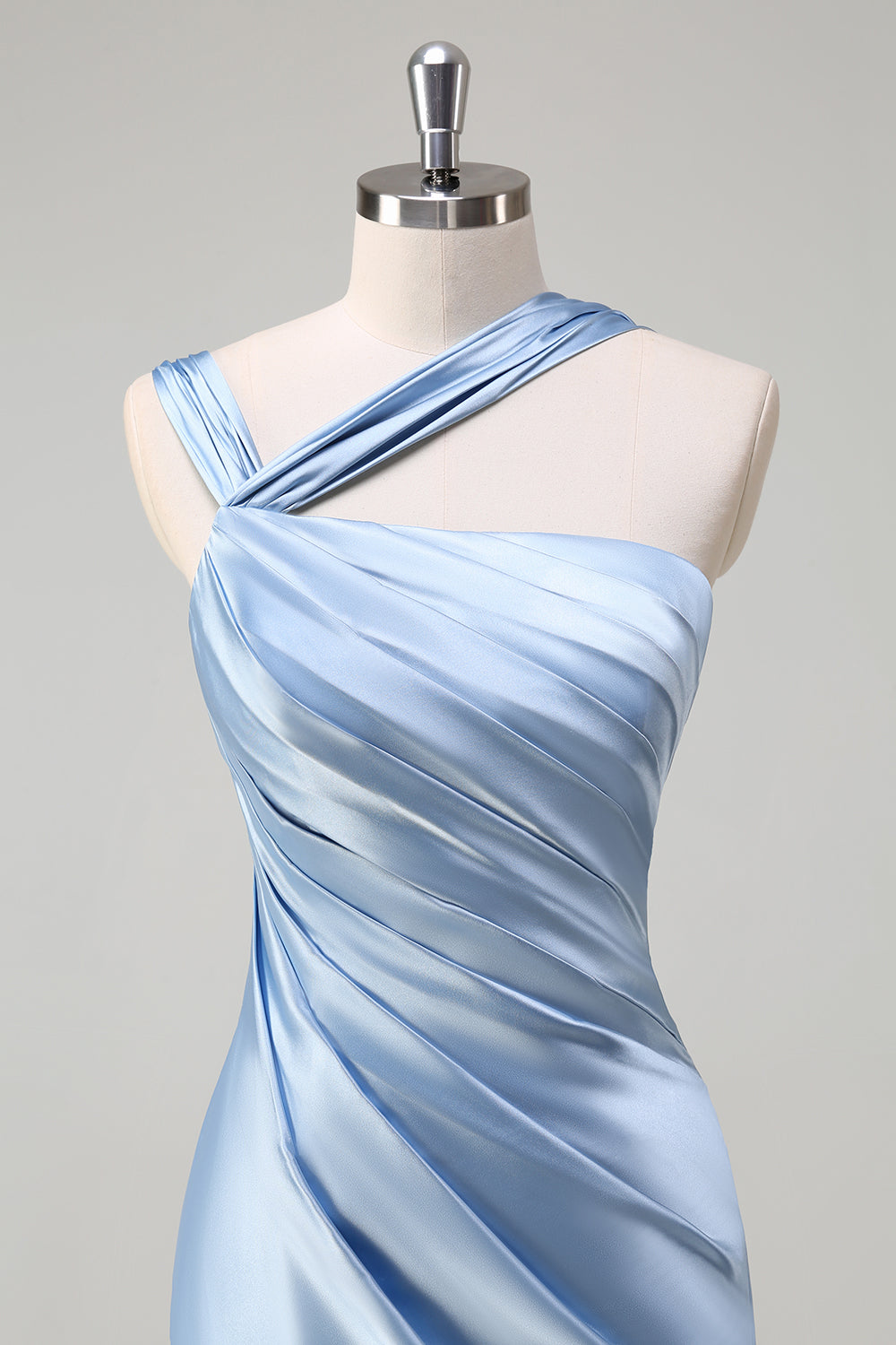 Elegant Sky Blue Sheath Pleated Satin Long Bridesmaid Dress With Slit