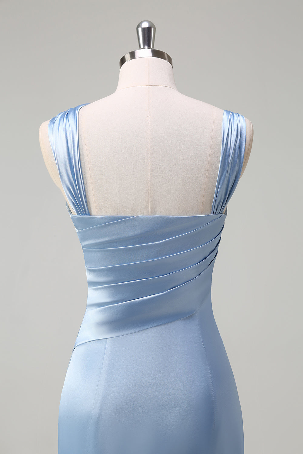 Elegant Sky Blue Sheath Pleated Satin Long Bridesmaid Dress With Slit