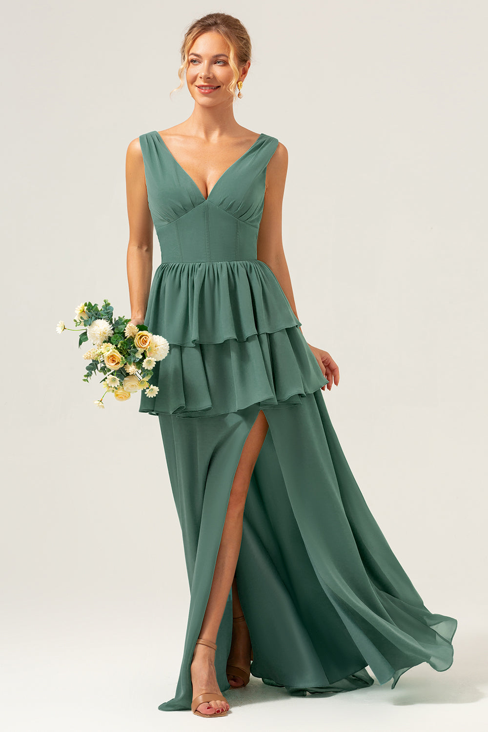 Eucalyptus A Line V Neck Corset Tiered Satin Long Bridesmaid Dress with Slit