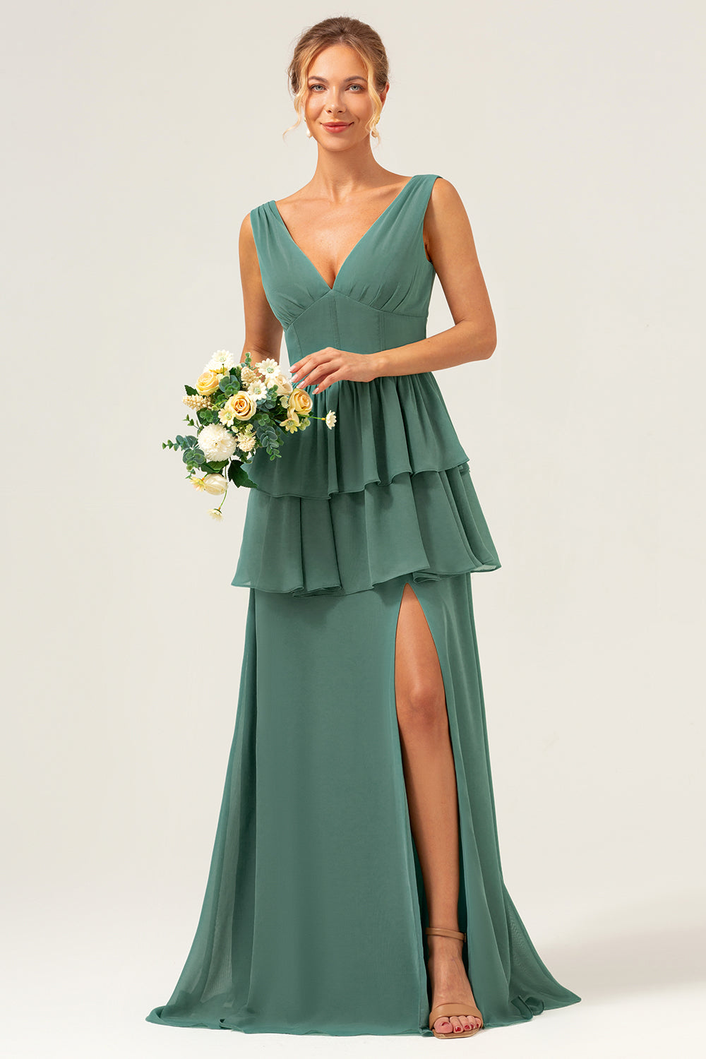 Eucalyptus A Line Corset Tiered Long Bridesmaid Dress with Slit