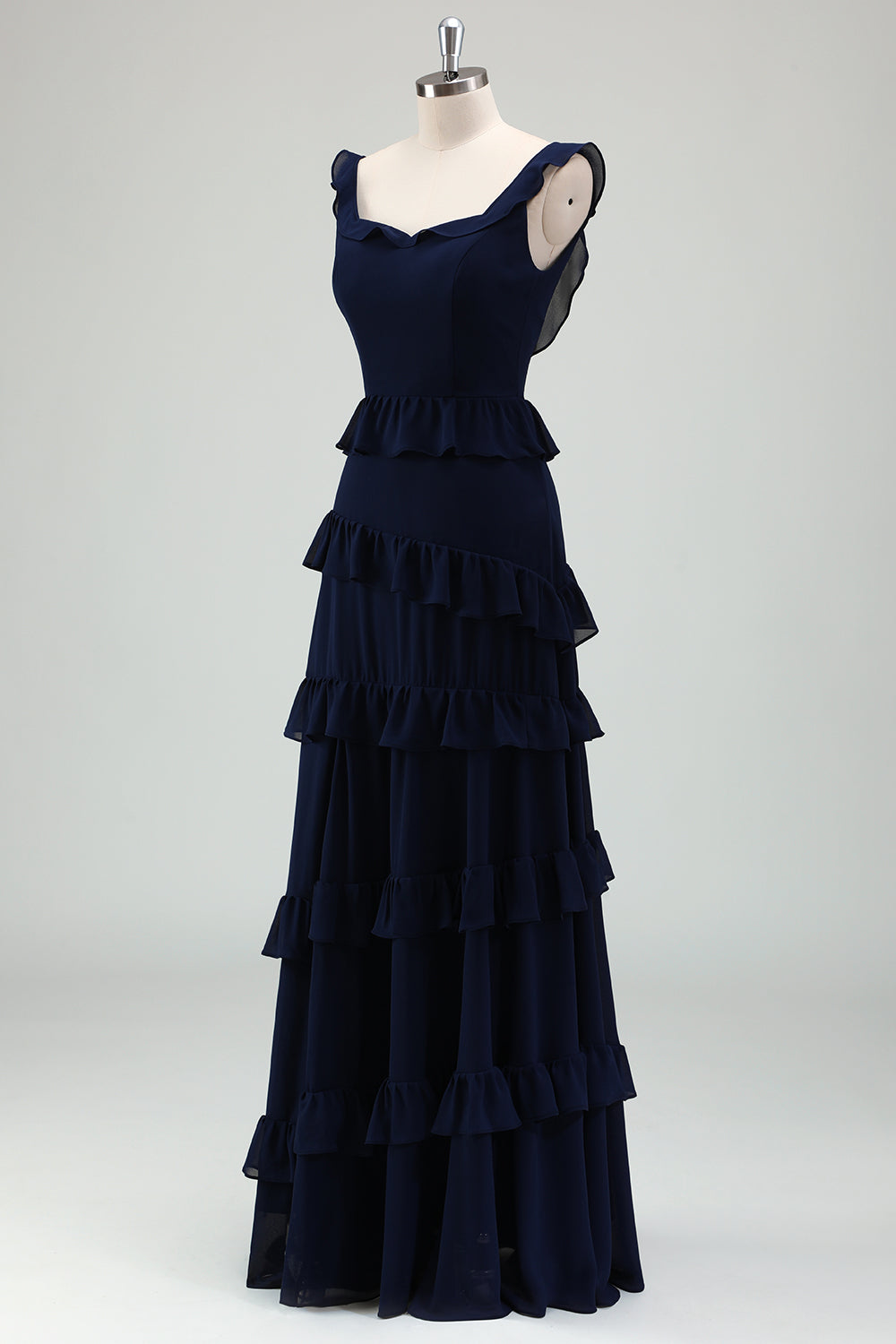 Navy A-Line Chiffon Ruffled Tiered Long Bridesmaid Dress