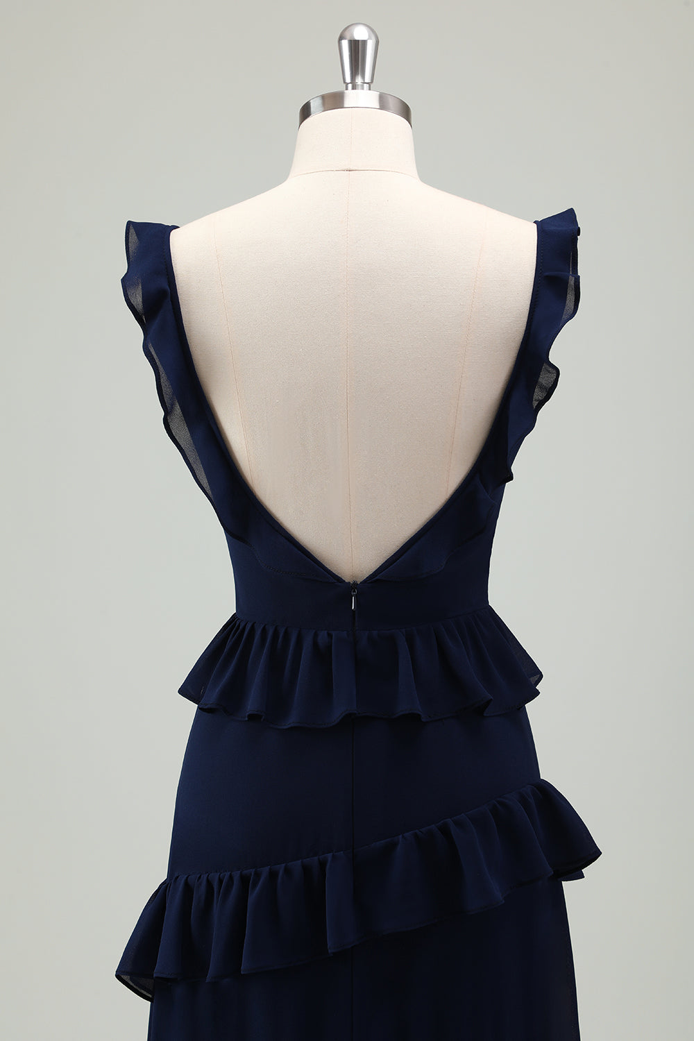 Navy A-Line Chiffon Ruffled Tiered Long Bridesmaid Dress