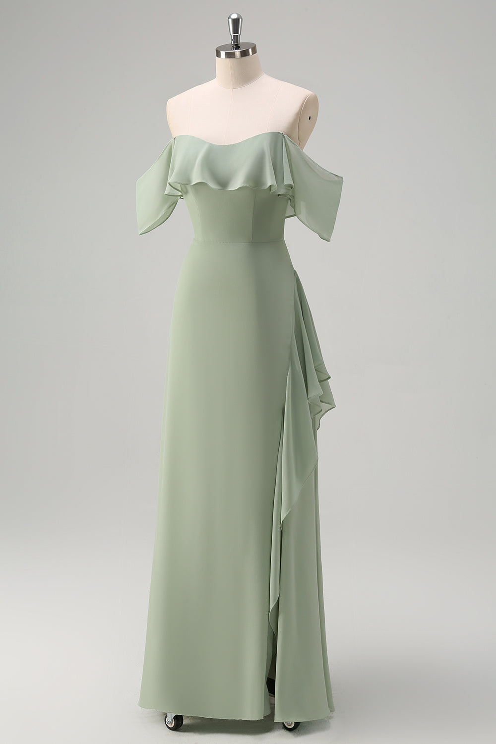 Light Green Off The Shoulder Chiffon Long Bridesmaid Dress