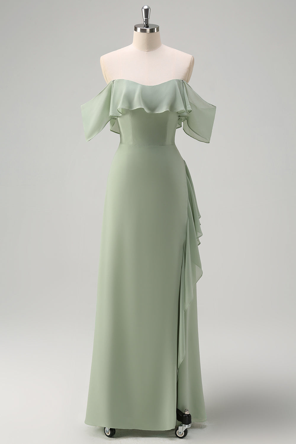 Light Green Mermaid Off the Shoulder Ruffled Bridesmaid Dress with Slit