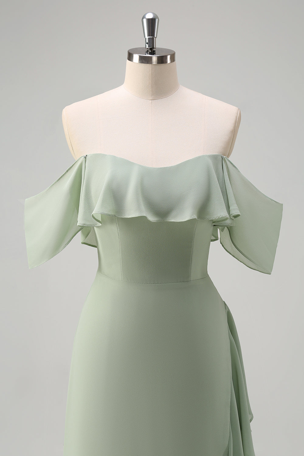 Light Green Mermaid Off the Shoulder Ruffled Bridesmaid Dress with Slit