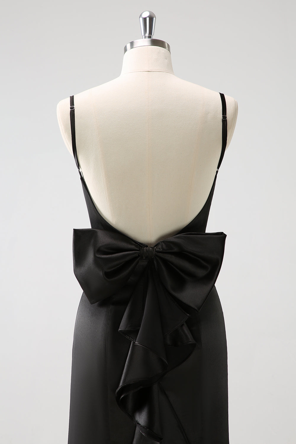 Black Mermaid Spaghetti Straps Ruffed Bow Back Satin Long Bridesmaid Dress