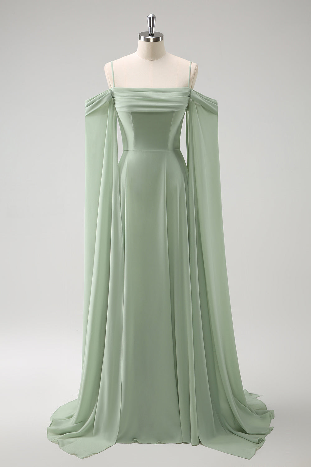 Light Green Cold Shoulder A-Line Long Bridesmaid Dress with Detachable Sleeves