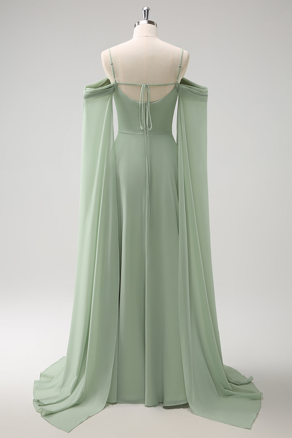 Light Green Cold Shoulder A-Line Long Bridesmaid Dress with Detachable Sleeves