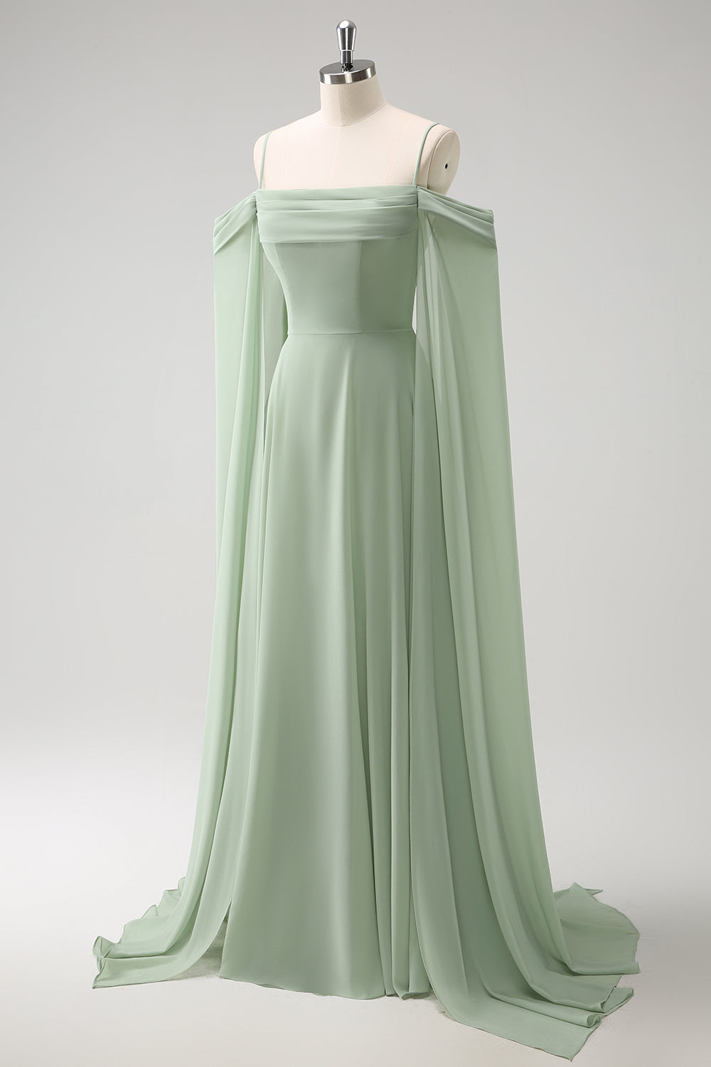 Light Green Cold Shoulder Detachable Sleeves A-Line Chiffon Long Bridesmaid Dress