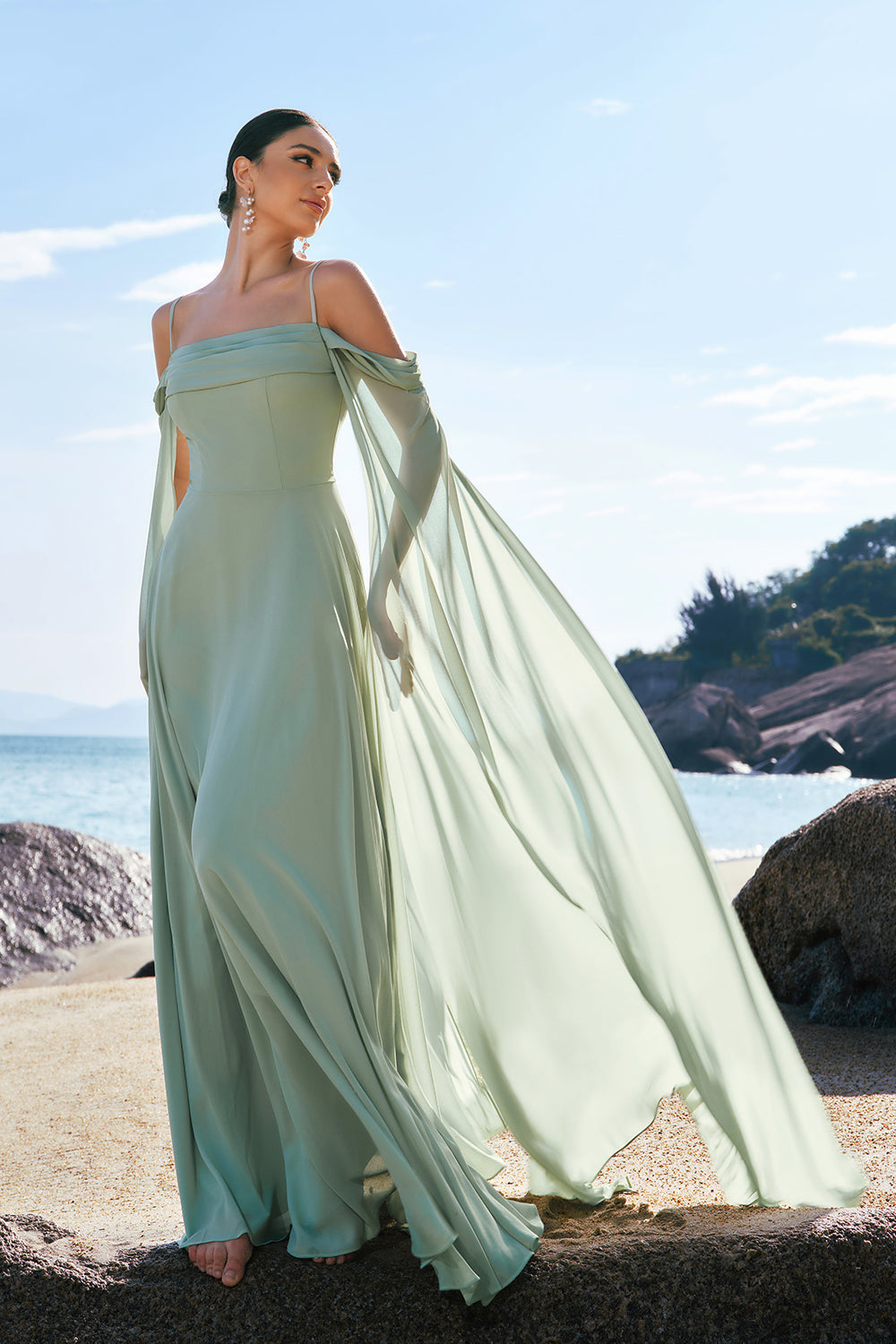 Light Green Cold Shoulder A-Line Long Bridesmaid Dress with Detachable Sleeves