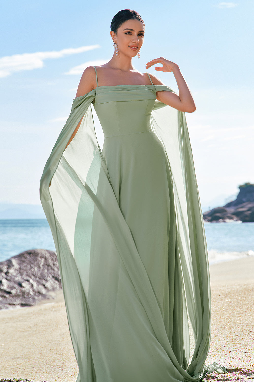 Light Green Cold Shoulder A-Line Long Bridesmaid Dress with Detachable Sleeves