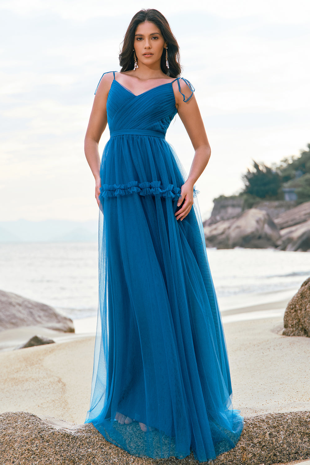 Dark Blue A-Line Spaghetti Straps Pleated Long Bridesmaid Dress