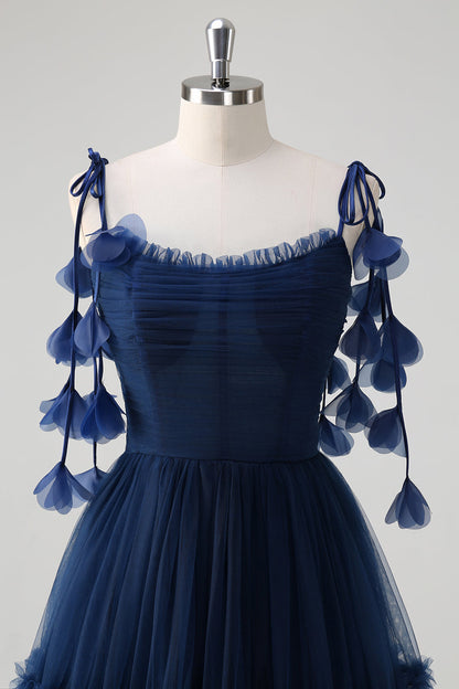 Navy Tie-Strap Tulle Corset Long Prom Dress