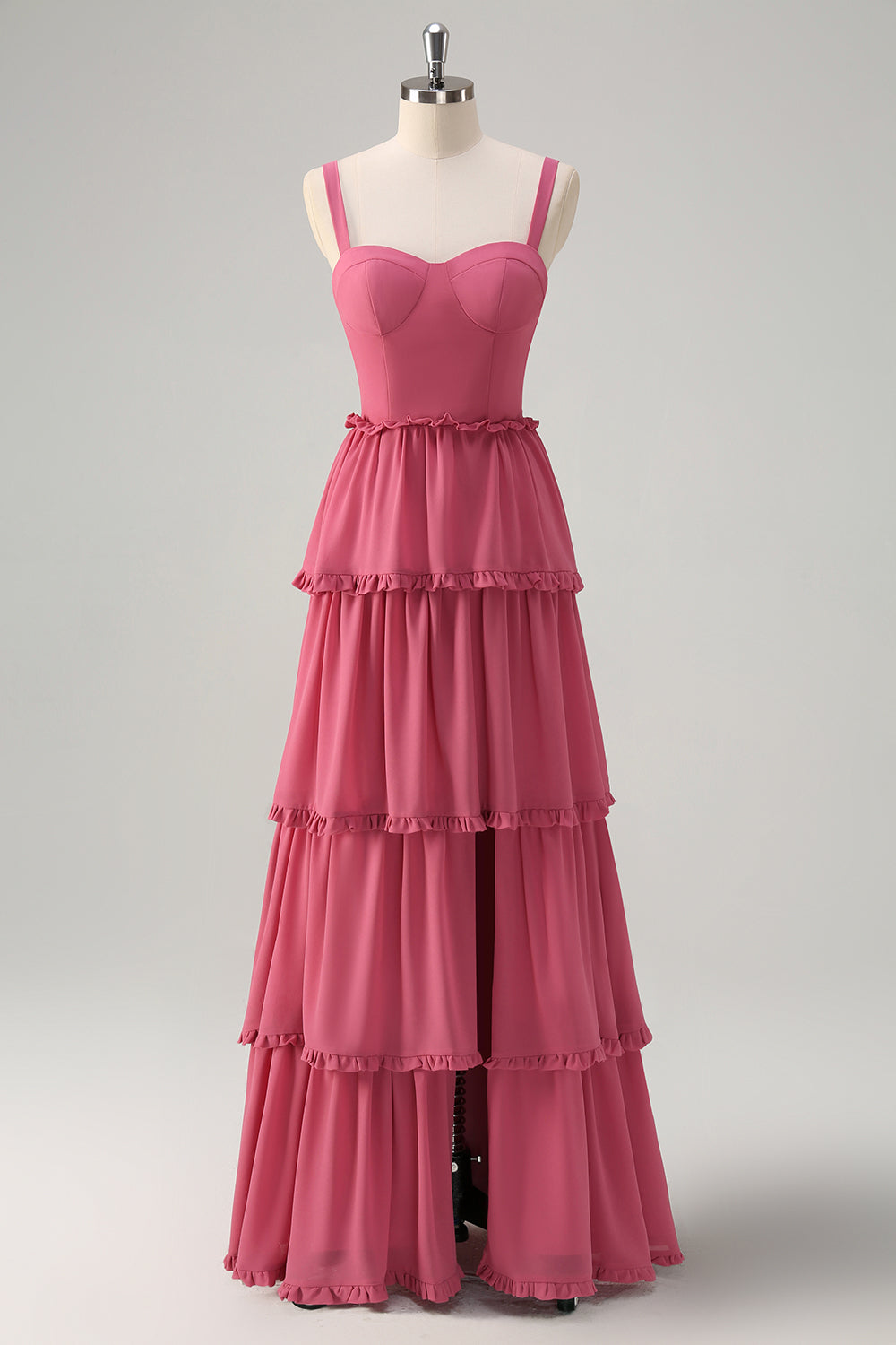 Rusty Rose A-Line Chiffon Tiered Long Bridesmaid Dress