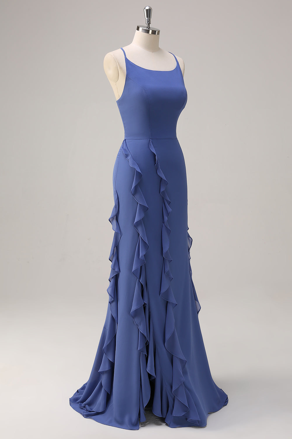 Dark Blue Spaghetti Straps Ruffled Mermaid Bridesmaid Dress with Slit