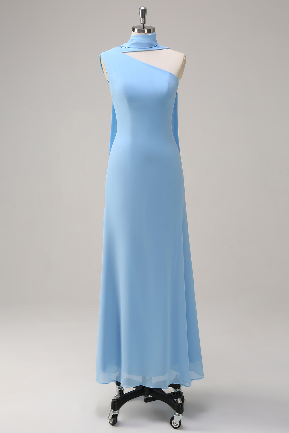 Blue Sheath One Shoulder Chiffon Long Bridesmaid Dress