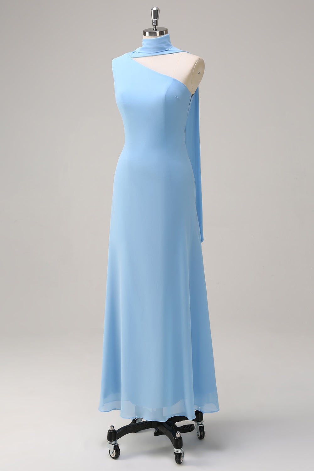 Blue Sheath One Shoulder Chiffon Long Bridesmaid Dress