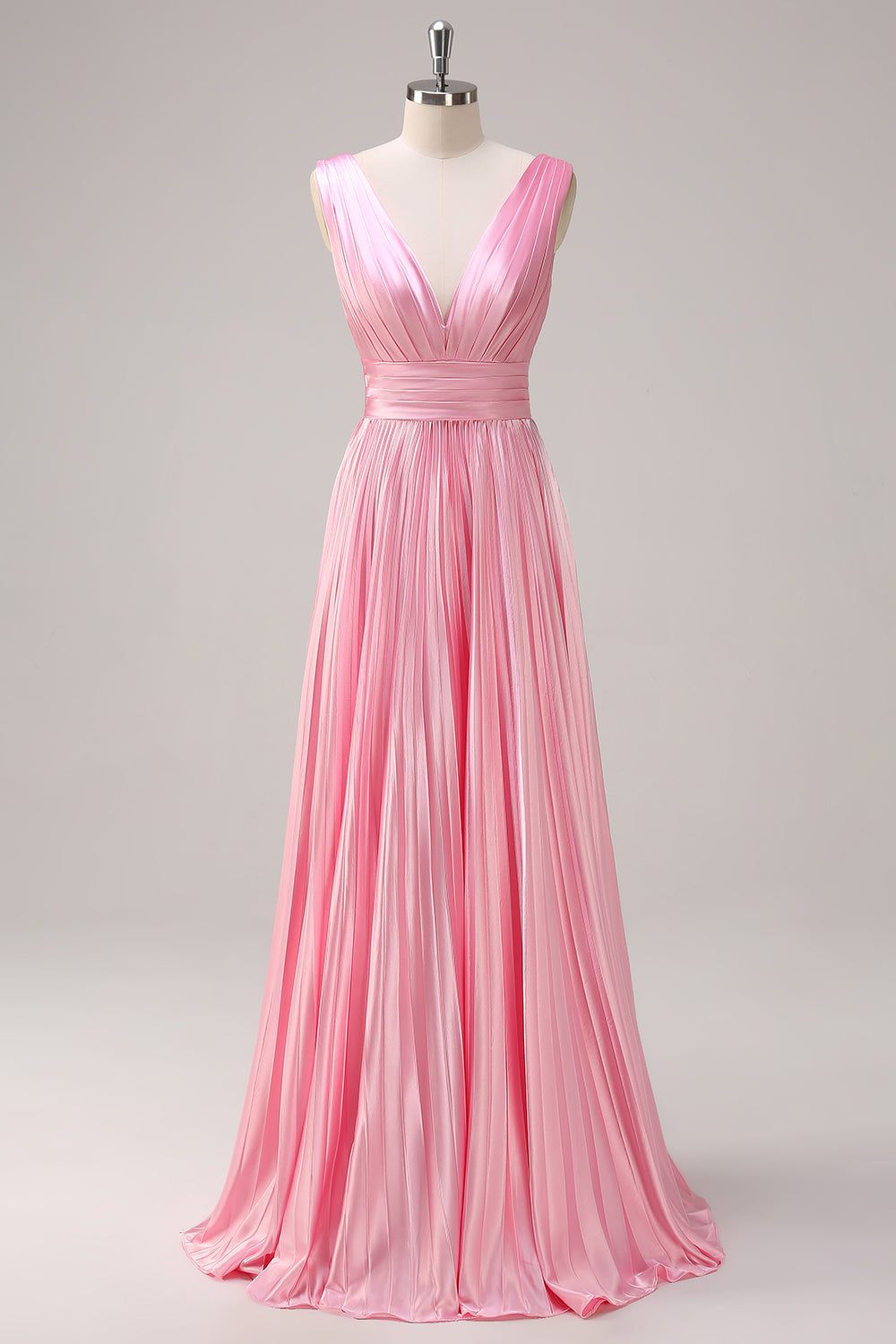 Pink A-Line Pleated V-Neck Satin Long Bridesmaid Dress