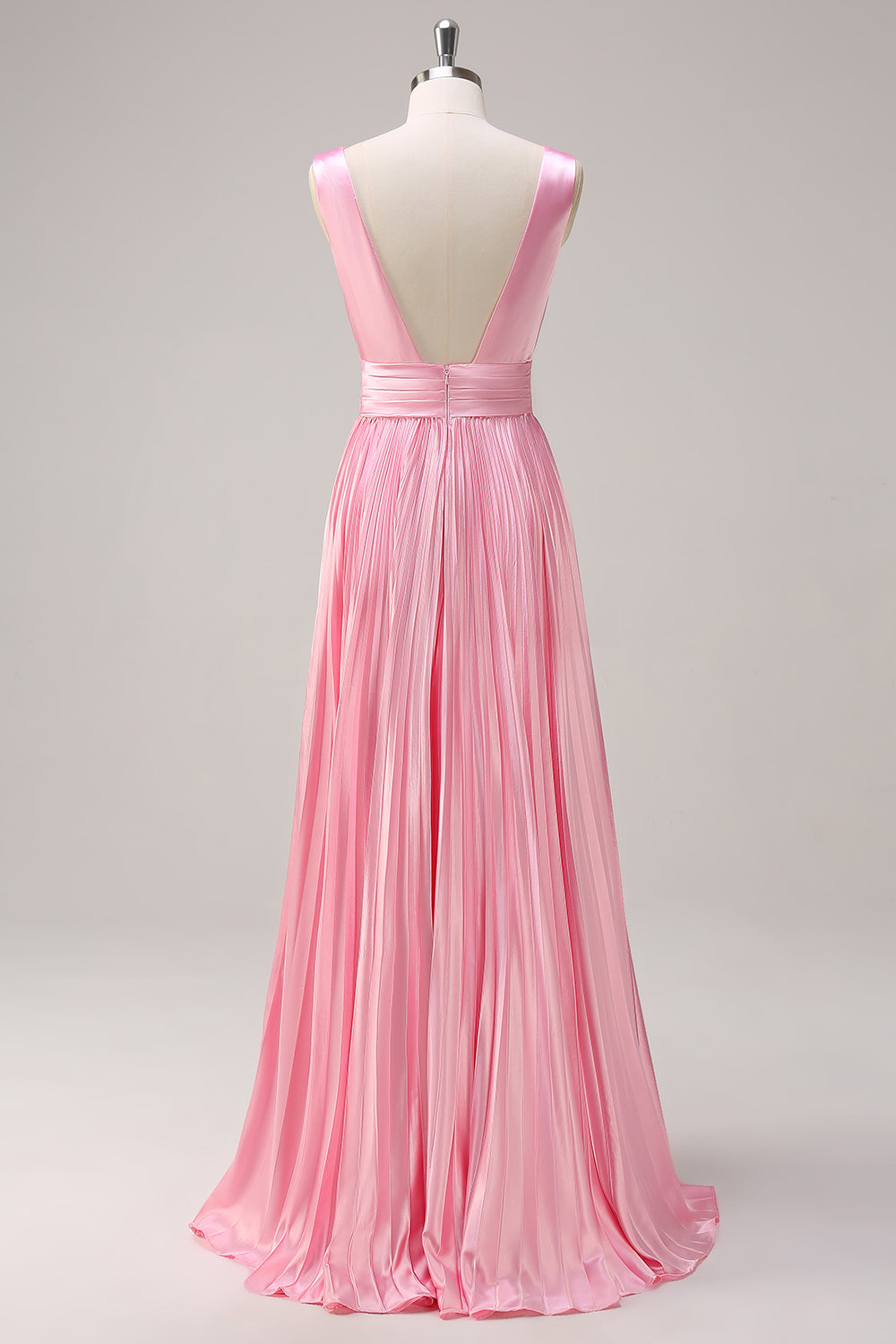 Pink A-Line Pleated V-Neck Satin Long Bridesmaid Dress