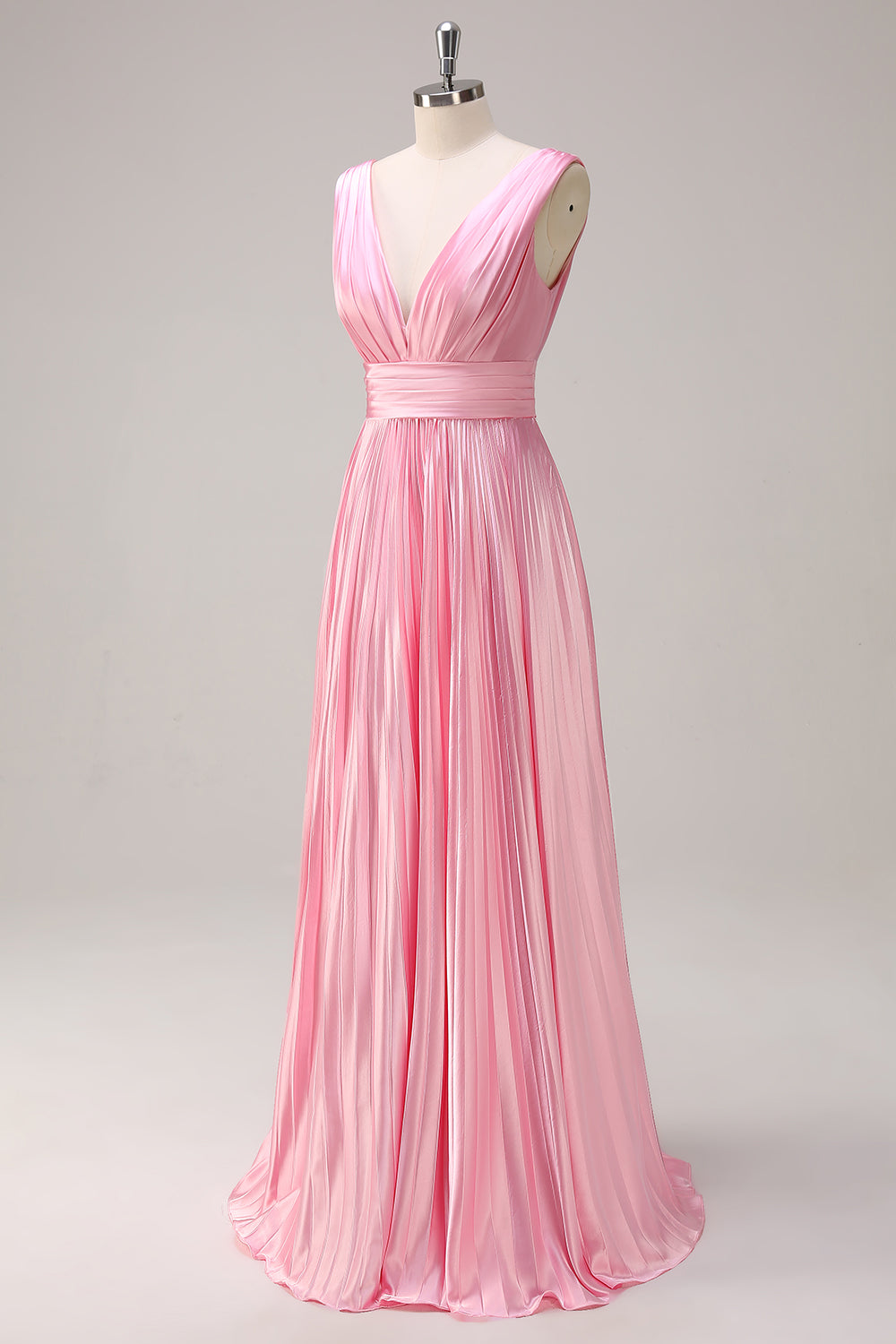 Pink A-Line Pleated V-Neck Satin Long Bridesmaid Dress