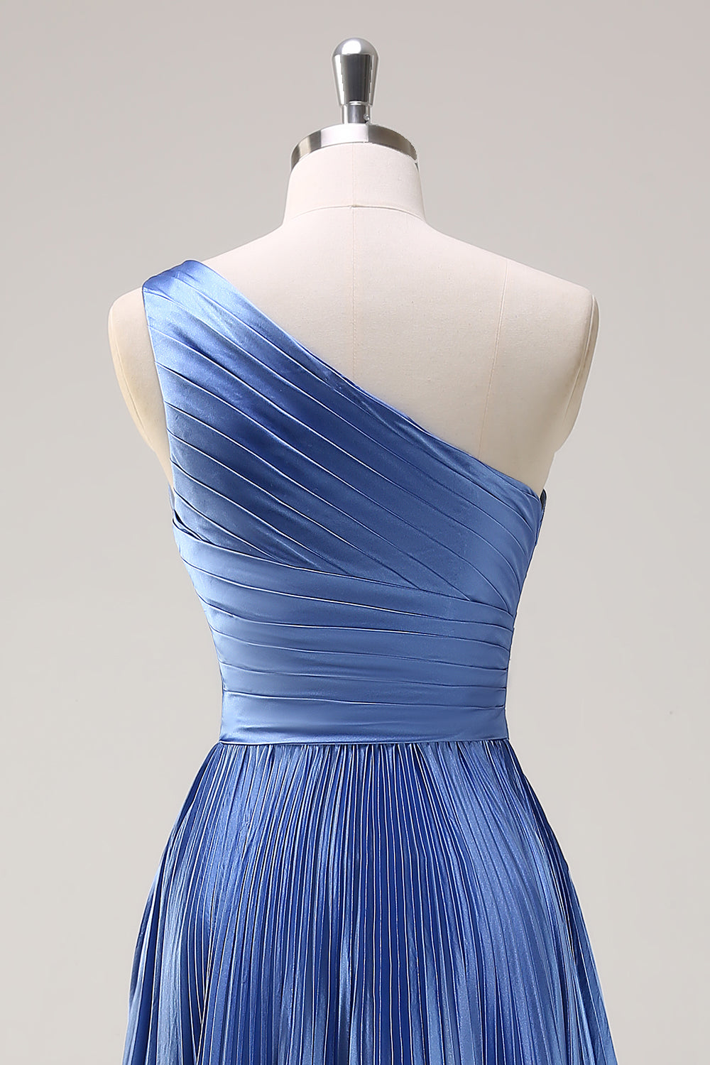 Sparkly Blue High-Low Pleated One Shoulder Satin Long Bridesmaid Dress