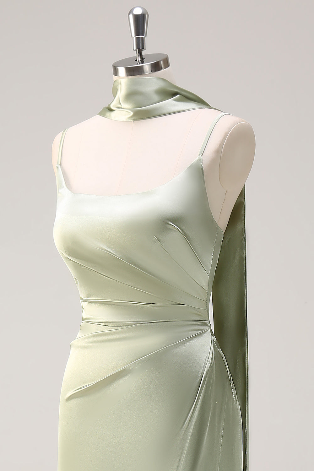 Sage Sheath Spaghetti Straps Satin Long Bridesmaid Dress with Slit