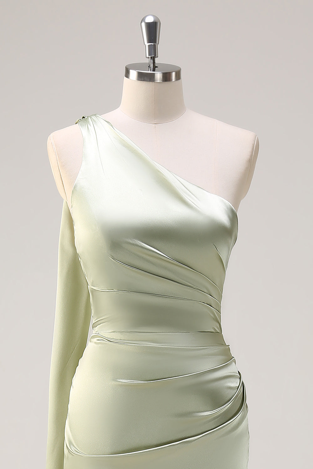 Sage Sheath One Shoulder Satin Long Bridesmaid Dress with Slit