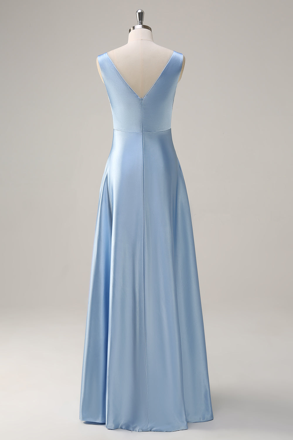 Sky Blue V-Neck A-Line Satin Long Bridesmaid Dress