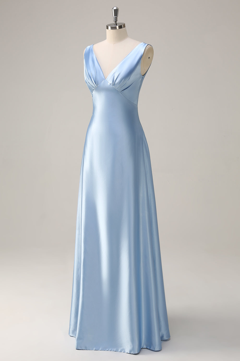 Sky Blue V-Neck A-Line Satin Long Bridesmaid Dress