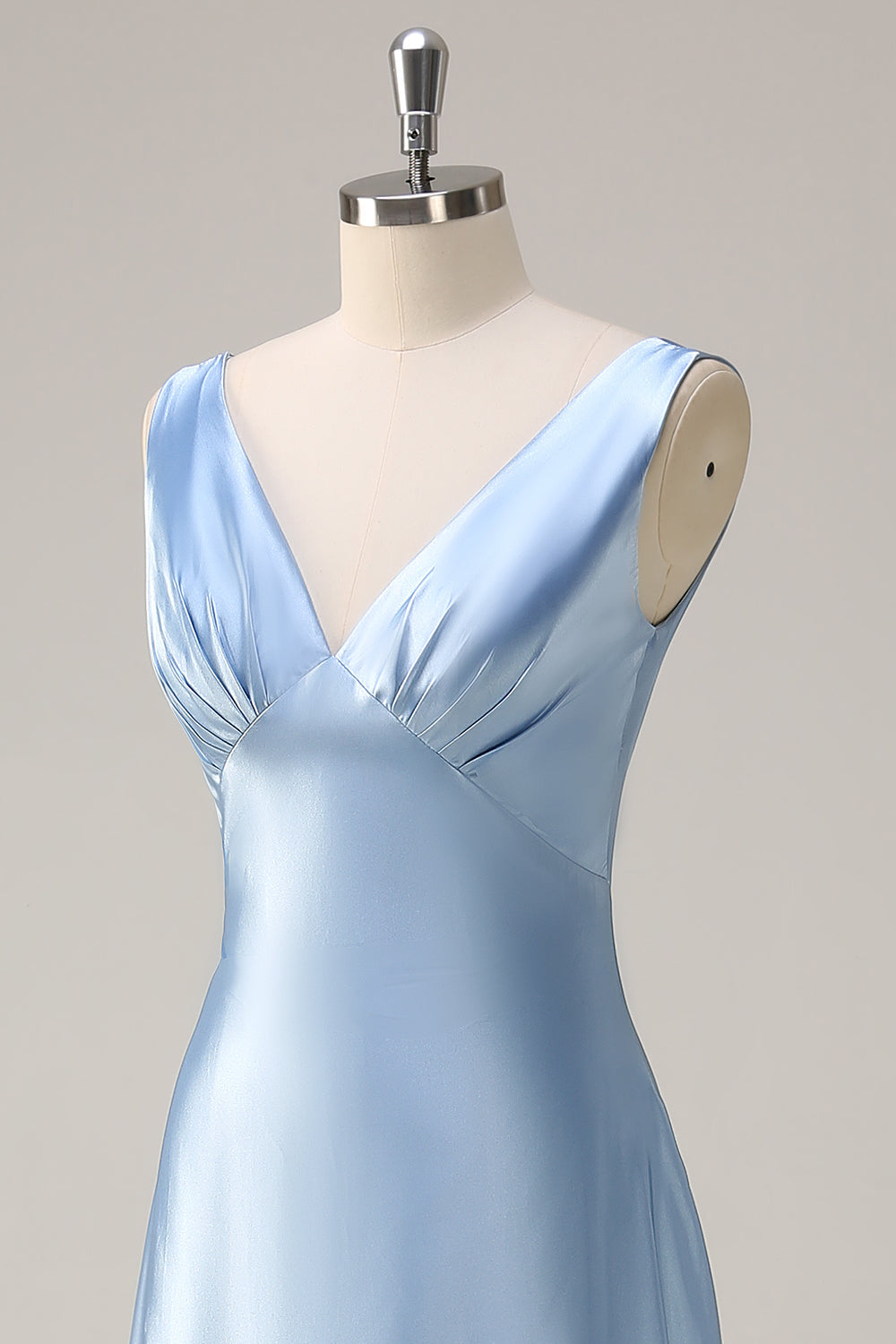 Sky Blue V-Neck A-Line Satin Long Bridesmaid Dress