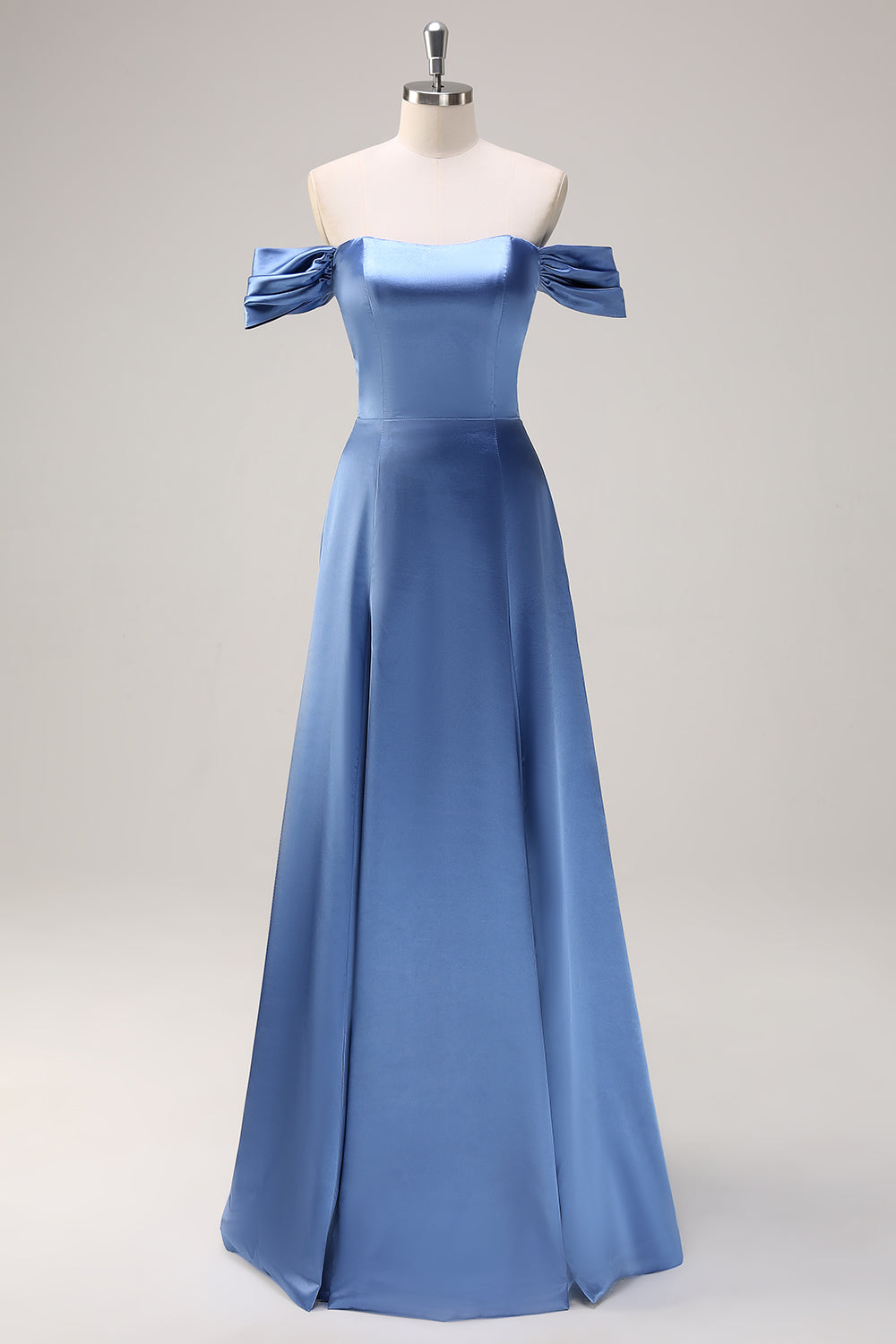 Dusty Blue Satin Off The Shoulder Bridesmaid Dress