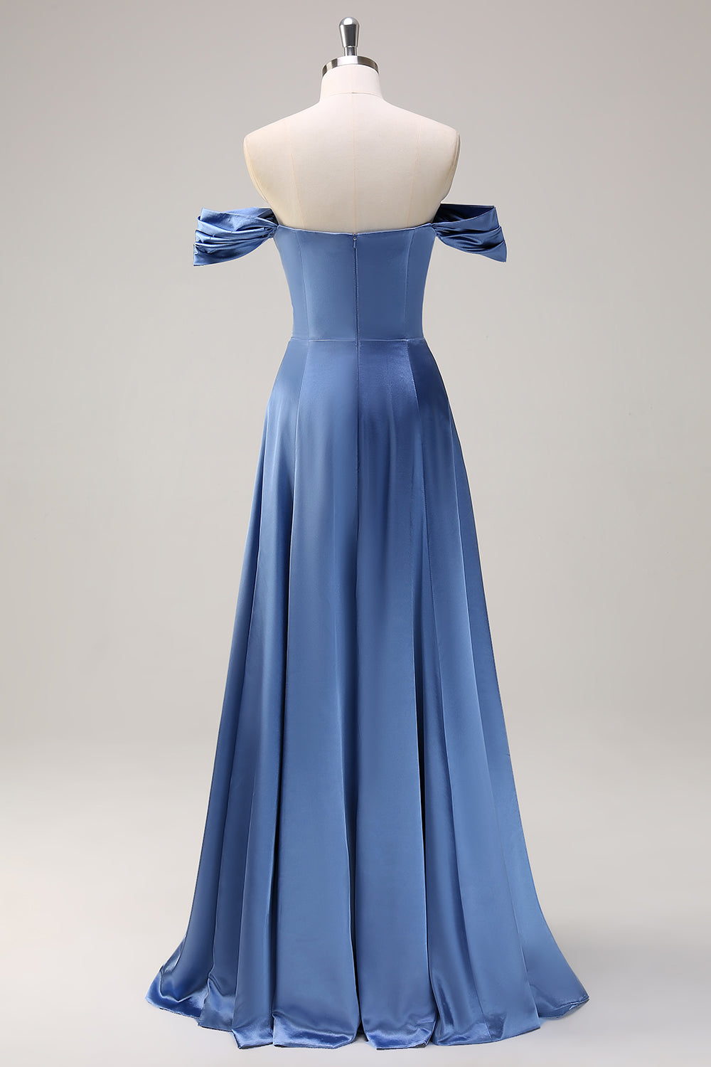 Dusty Blue Satin Off The Shoulder Bridesmaid Dress