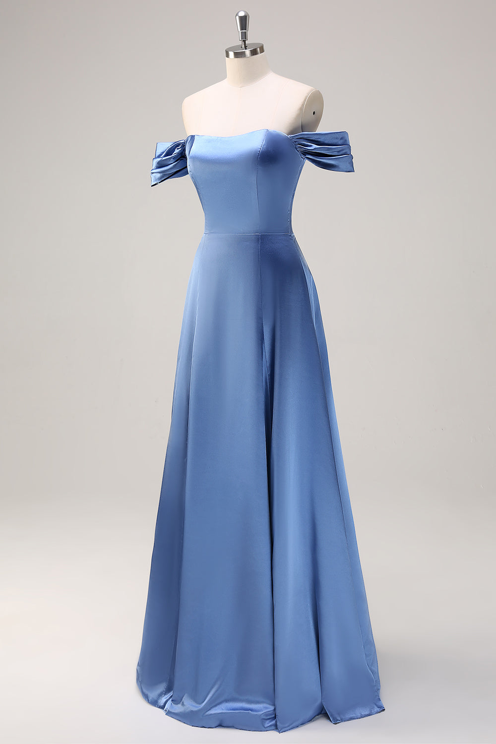 Dusty Blue Satin Off The Shoulder Bridesmaid Dress