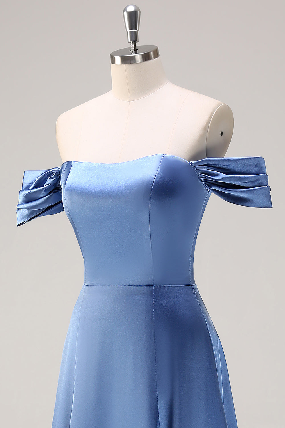 Dusty Blue Satin Off The Shoulder Bridesmaid Dress