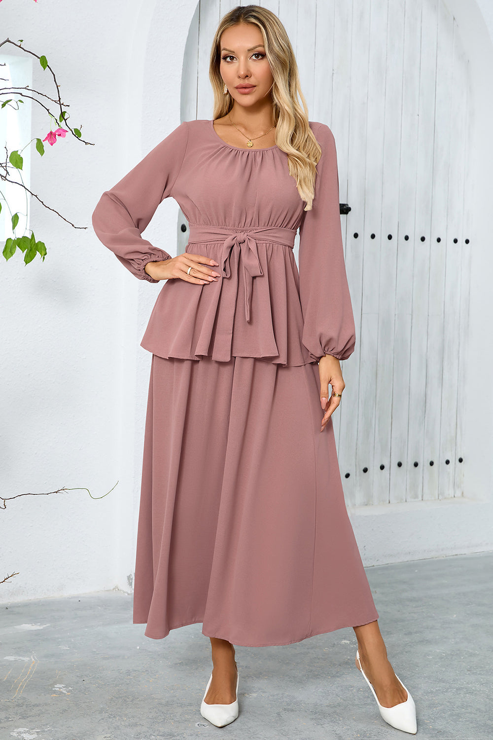 Dusty Rose A-Line Tiered Chiffon Long Party Dress with Long Sleeves