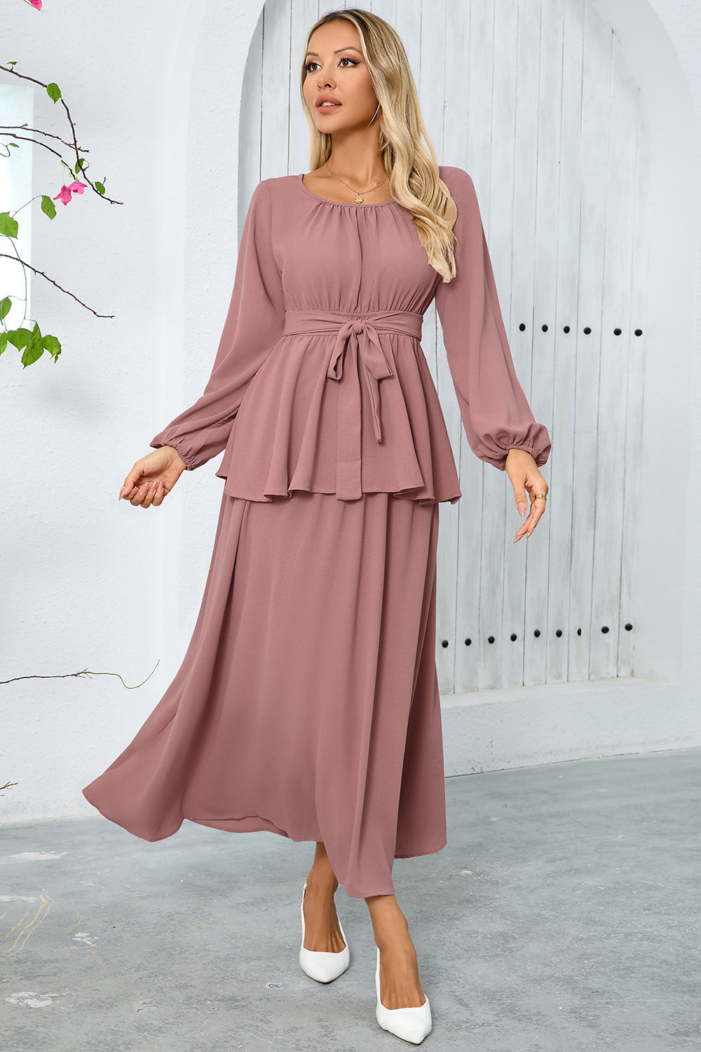 Dusty Rose A-Line Tiered Chiffon Long Party Dress with Long Sleeves