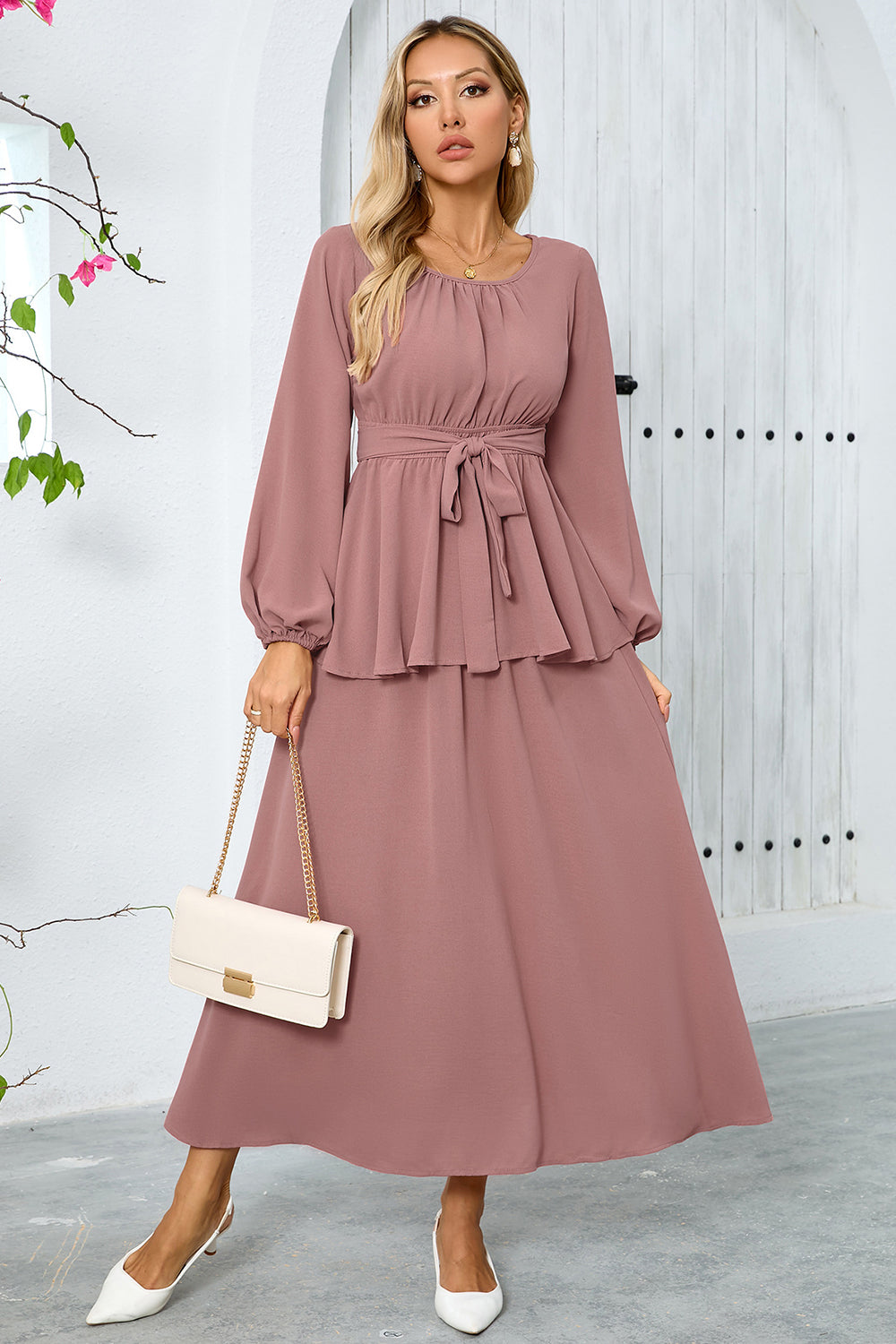 Dusty Rose A-Line Tiered Chiffon Long Party Dress with Long Sleeves