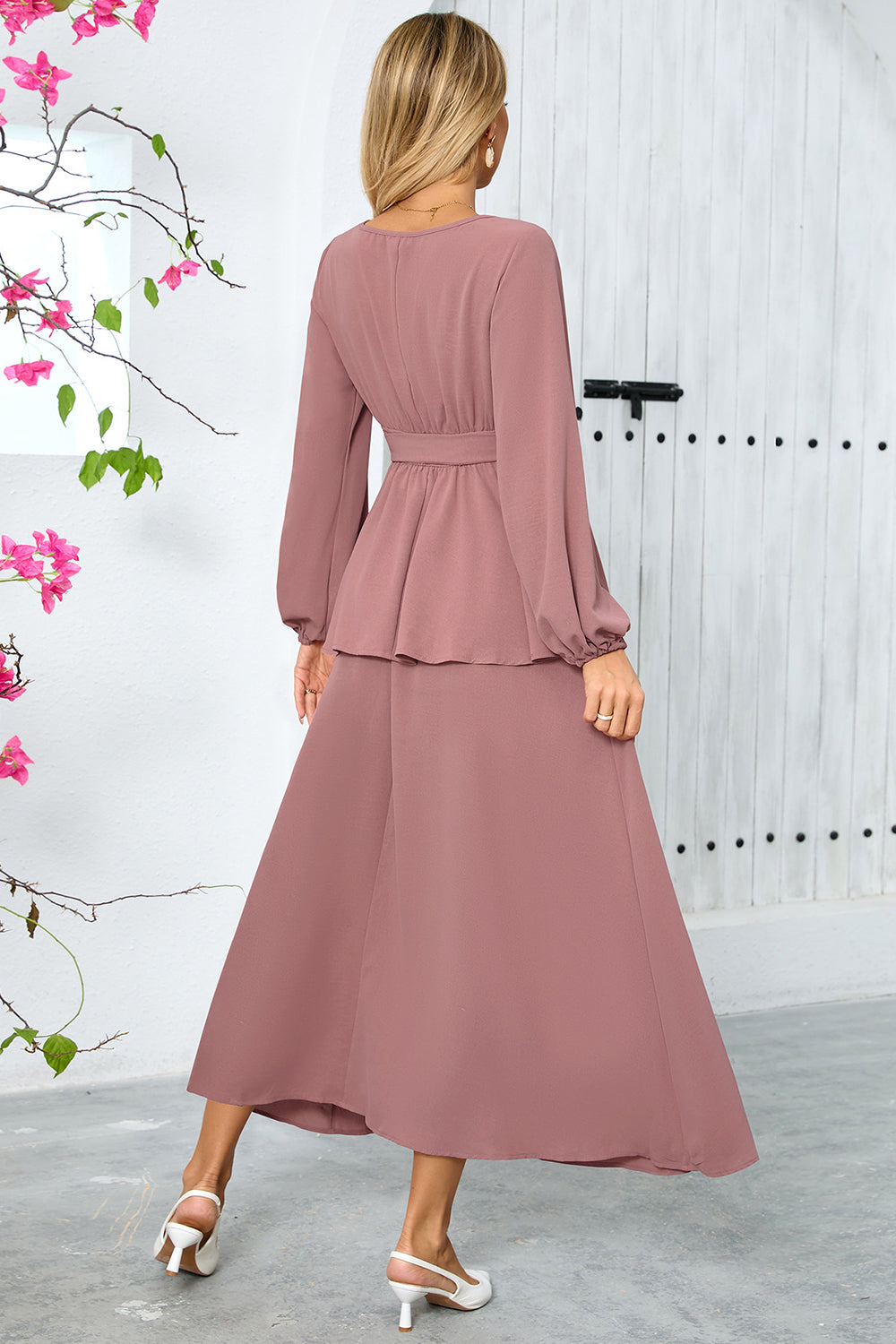 Dusty Rose A-Line Tiered Chiffon Long Party Dress with Long Sleeves