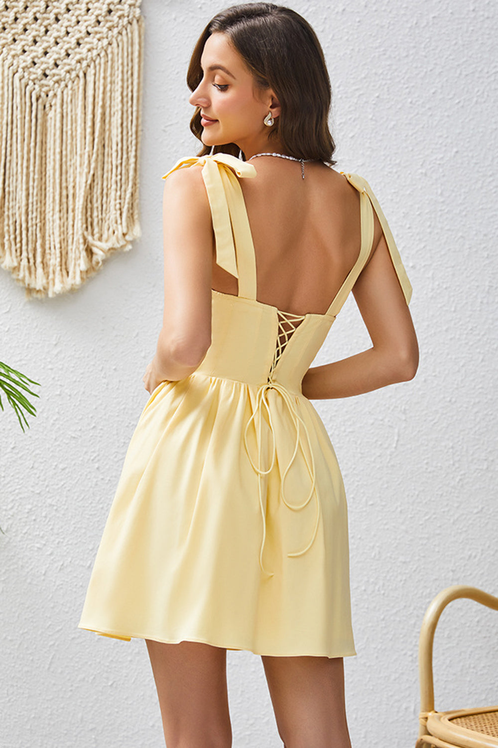 A Line Yellow Square Neck Short Homecoming Dress