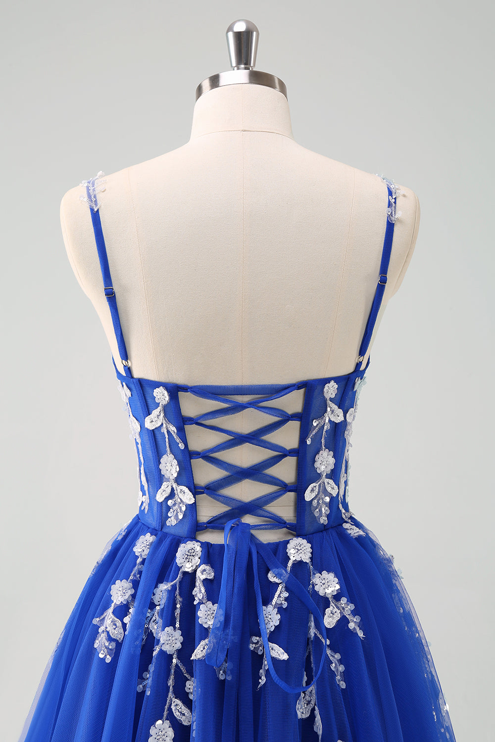 Sparkly A-Line Royal Blue Spaghetti Straps Corset Long Prom Dress