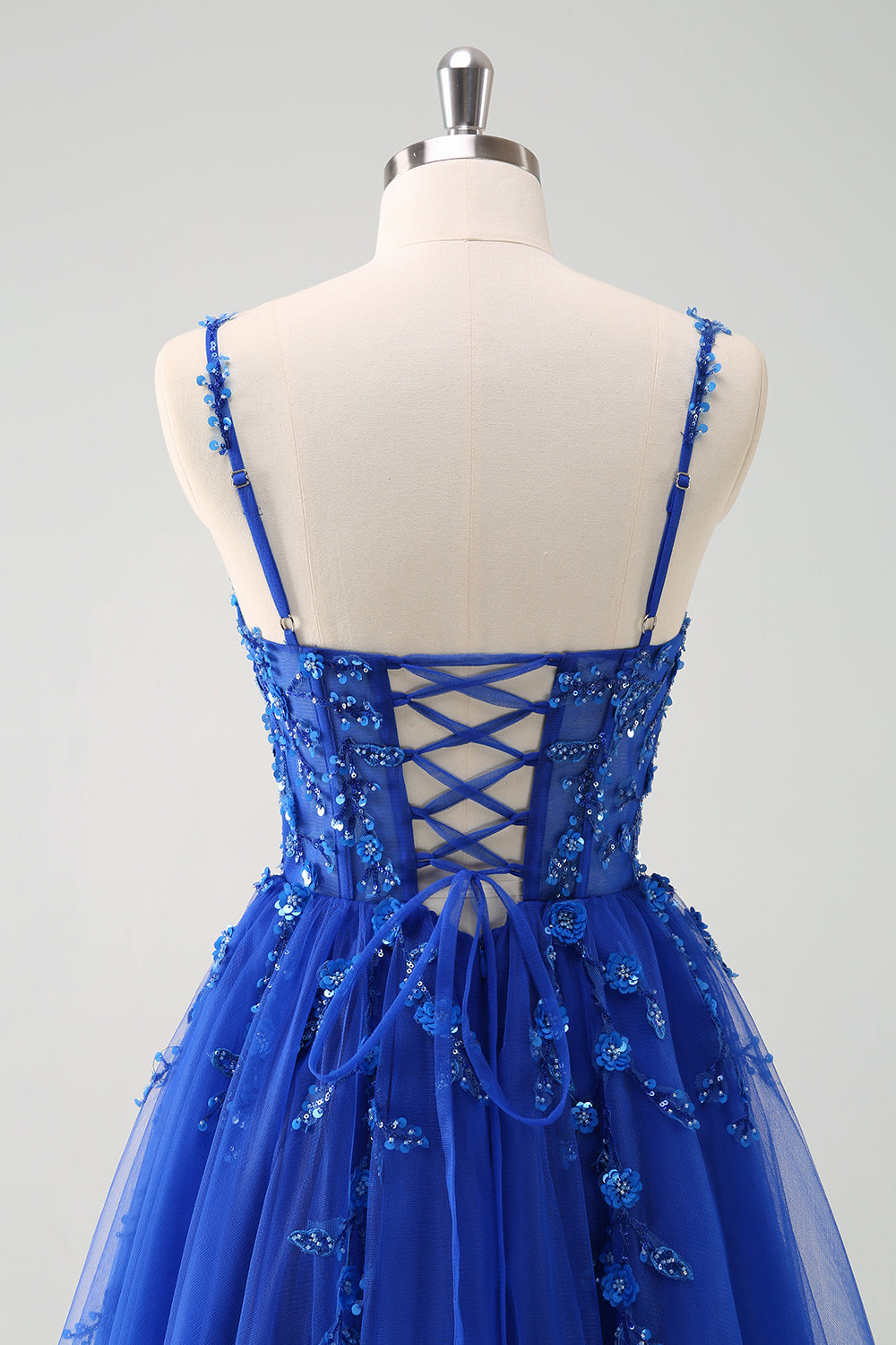 Sparkly A-Line Royal Blue Spaghetti Straps Corset Long Prom Dress