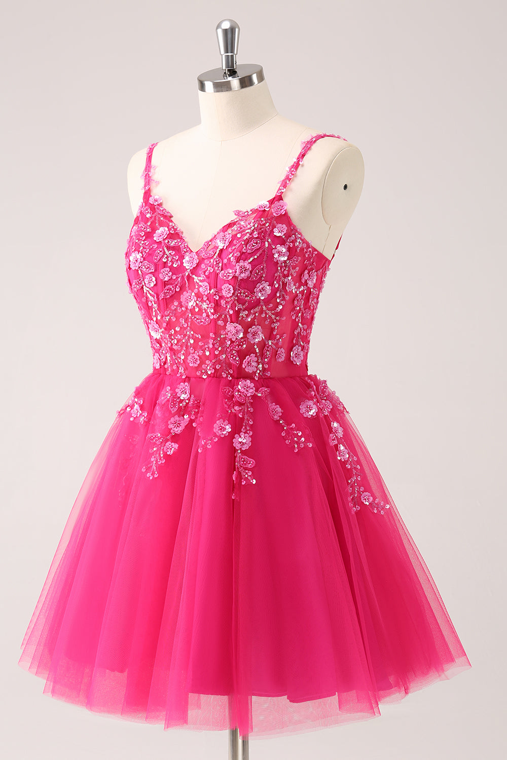 A Line Blush Spaghetti Straps Tulle Corset Sequins Homecoming Dress with Appliques