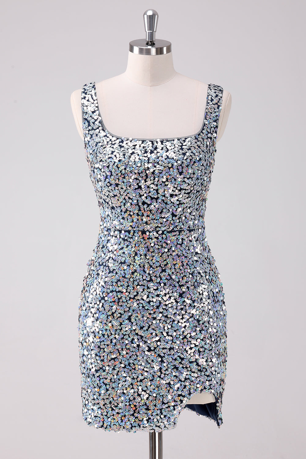 Sparkly Silver Square Neck Tight Homecoming Dress with Slit