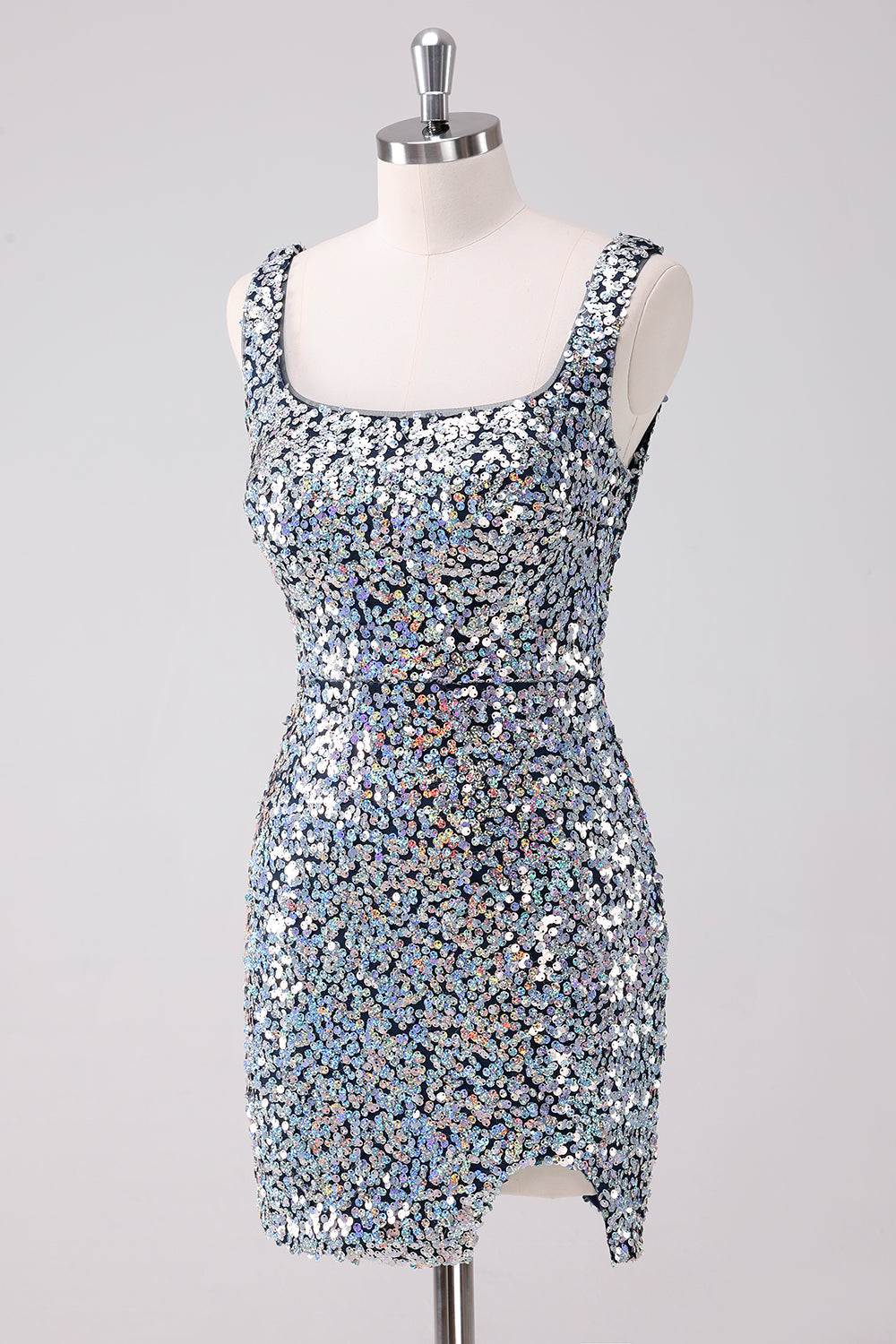 Sparkly Silver Square Neck Tight Homecoming Dress with Slit